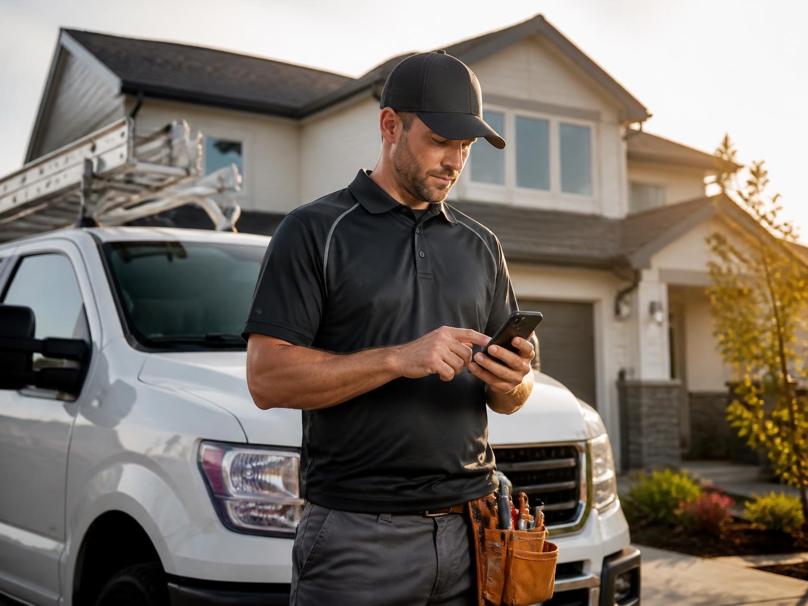 Contractor in work uniform checking his phone next to a service van outside a customer's home