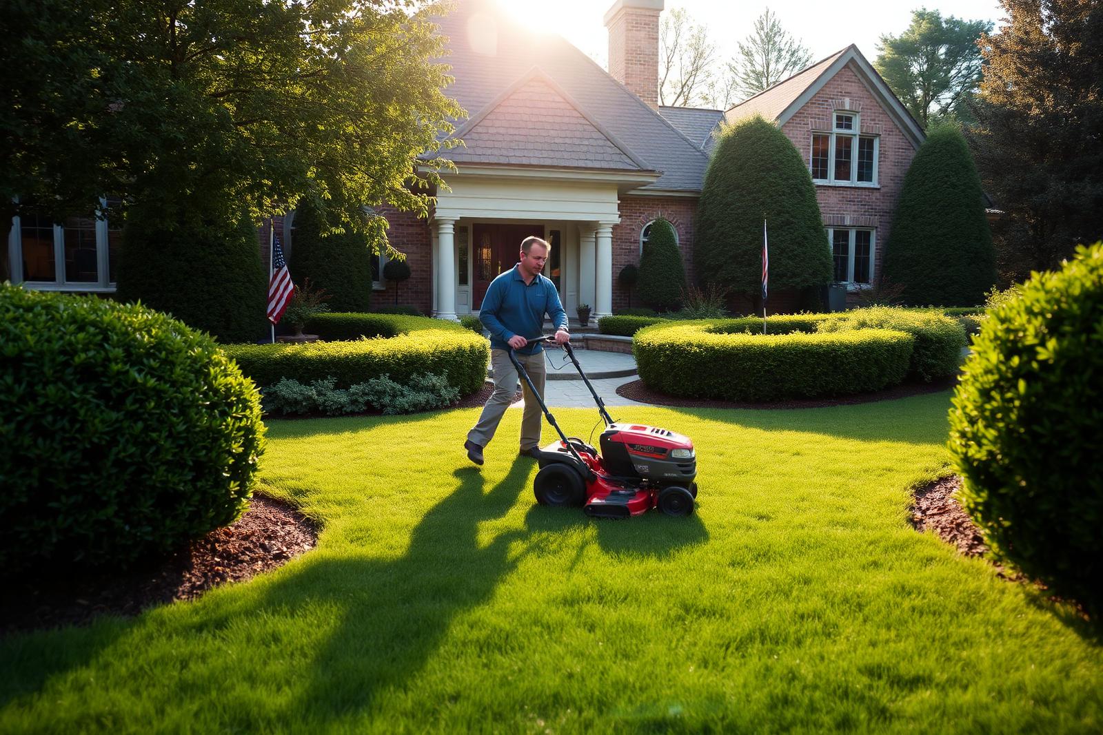 Landscaping crew member mowing the front lawn of a well-maintained home
