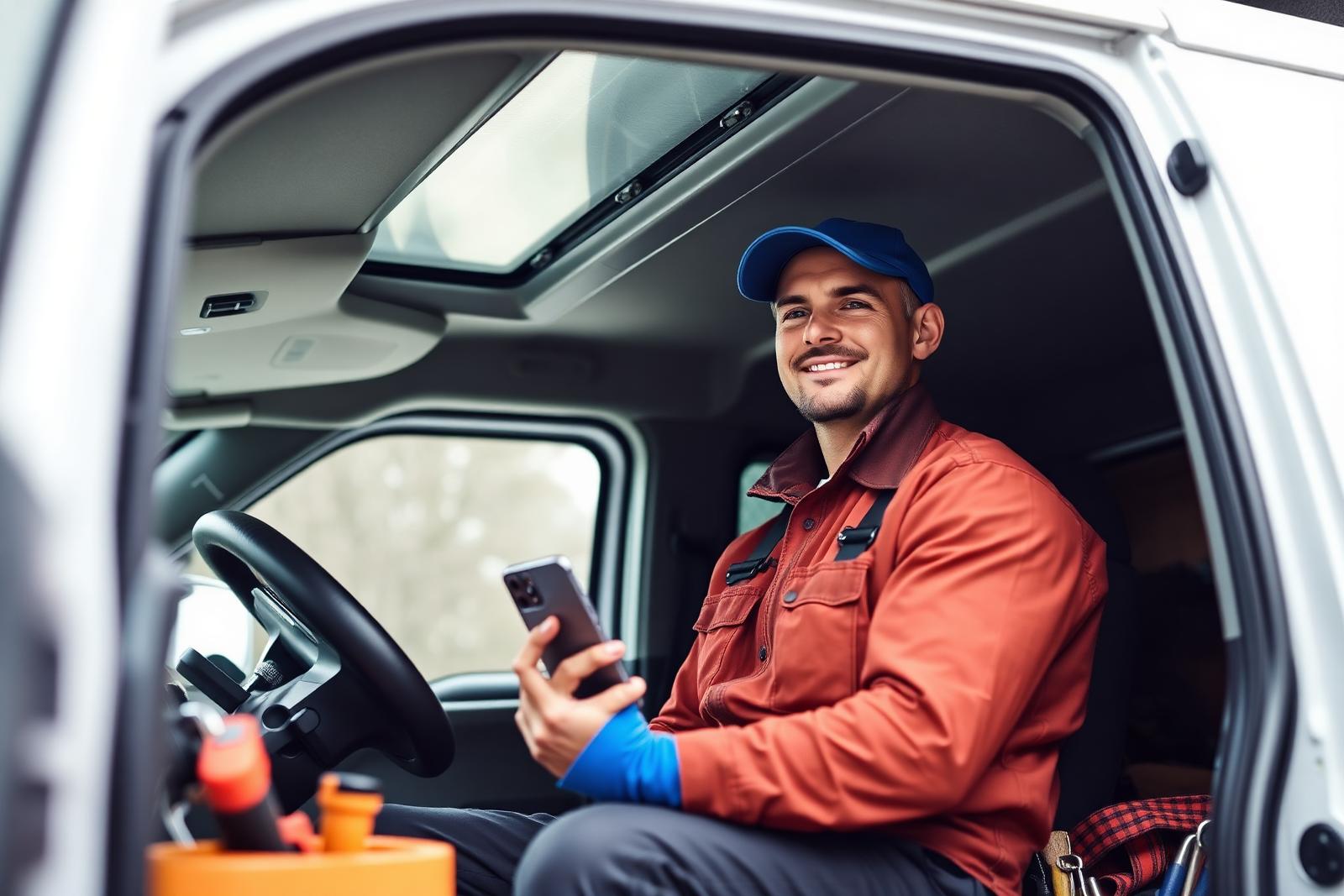 Contractor sitting in his service van replying to a customer text message