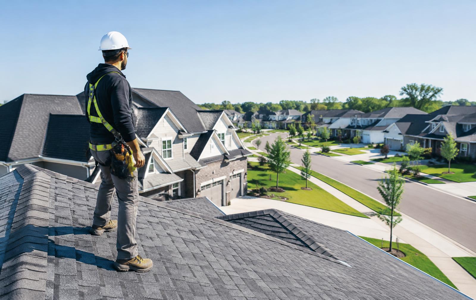 Professional roofer overlooking a neighborhood of finished roofs